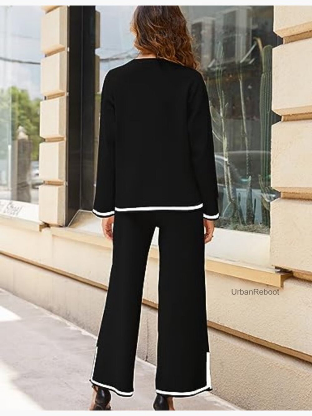Women's 2 Piece Lounge Set Long Sleeve Knit Top Wide Leg Pants Tracksuit - Picture 6 of 7
